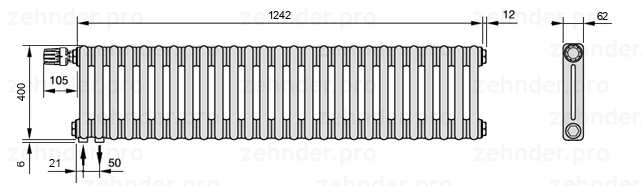 Схема (чертеж) Радиатор Zehnder Charleston 2040/27 №V001 Белый глянцевый RAL 9016